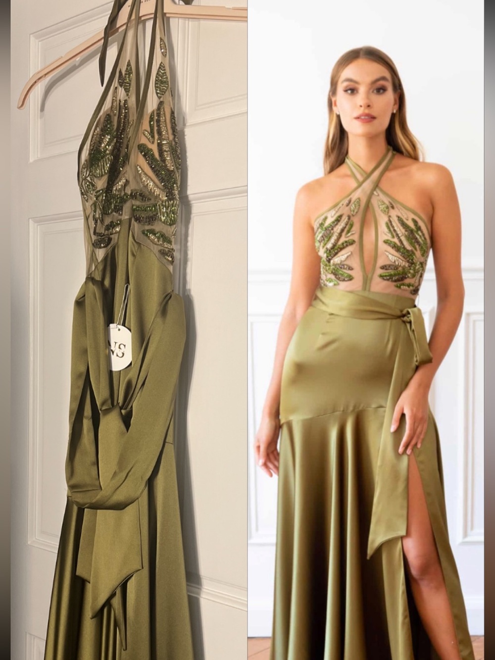 Turkish Designer Olive Green Halter Sequin Bodice Satin Skirt Evening Dress NWT